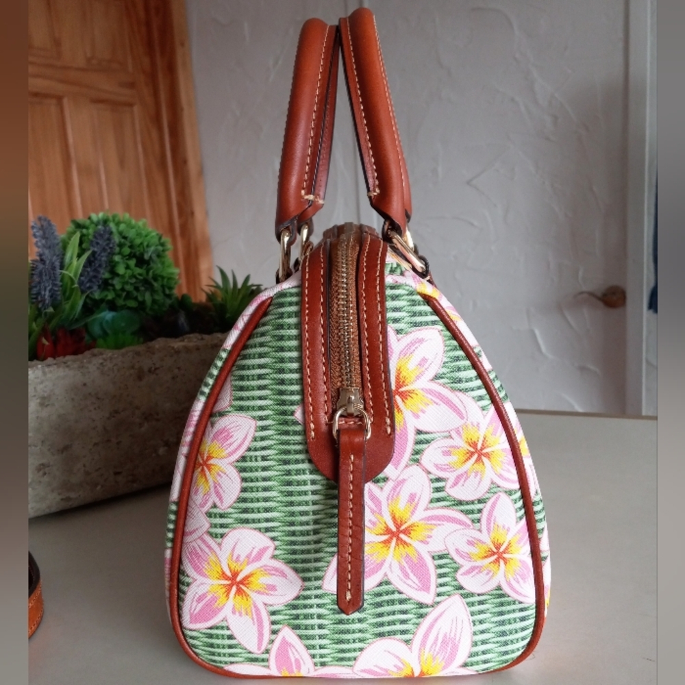Dooney & Bourke Coated Cotton Plumeria Barrel Satchel, Pink/Green - Picture 7 of 16